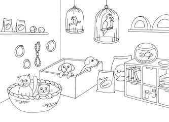 Pet shop store graphic interior black white sketch illustration vector 