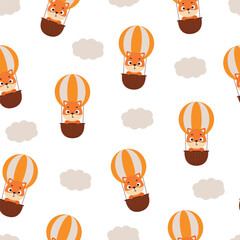 Cute little fox flying on hot air balloon seamless childish pattern. Funny cartoon animal character for fabric, wrapping, textile, wallpaper, apparel. Vector illustration