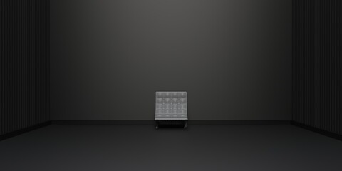 interior space studio Japanese style architecture Zen a solitary sofa in a modern empty room with minimalist slatted walls Product display 3D illustration