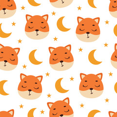 Cute little slipping fox head seamless childish pattern. Funny cartoon animal character for fabric, wrapping, textile, wallpaper, apparel. Vector illustration