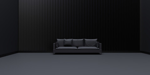 interior space studio Japanese style architecture Zen a solitary sofa in a modern empty room with minimalist slatted walls Product display 3D illustration
