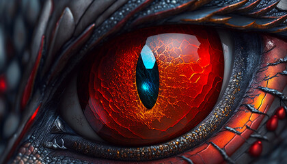 Dragon eye in close-up. Dark background. Fantasy monster looking. Realistic dinosaur eye. Macro shot of a predatory magical animal. Image AI generated.