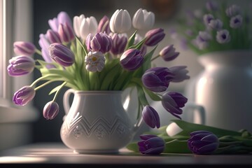 Bouquet of tender tulip buds in a vase by the window, ai generated