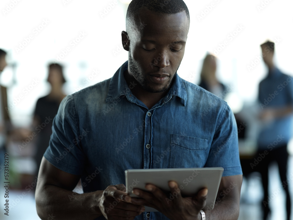 Poster technology, business and black man with tablet reading email, sales or social media on web. research