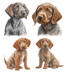 Four illustrations of wirehaired vizslas puppies on a transparent background, Generative AI