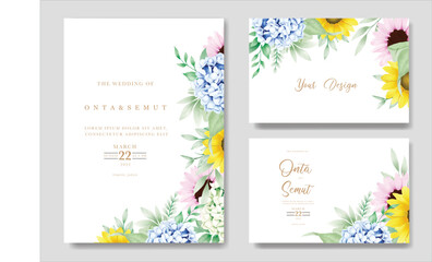 Fototapeta na wymiar Beautiful watercolor Floral Hydrangea and Sun flower wedding invitation Card Template