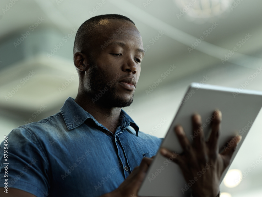 Poster technology, communication and black man with tablet reading email, sales news or global networking. 