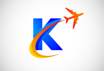 Initial K alphabet with a swoosh and airplane logo design. Suitable for travel companies or business