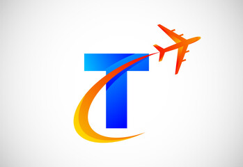 Initial T alphabet with a swoosh and airplane logo design. Suitable for travel companies or business
