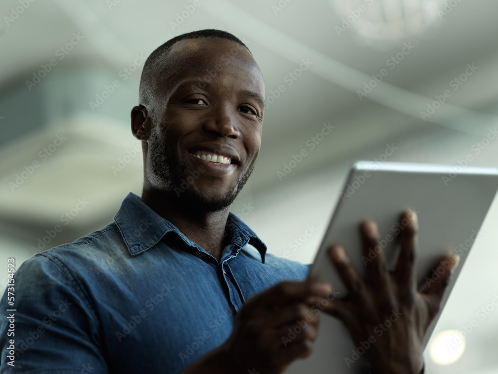 Poster smile, confidence and portrait of black man with tablet for email, sales or global networking. resea