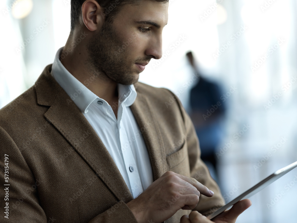 Poster technology, communication and businessman with tablet reading email, sales report or global networki