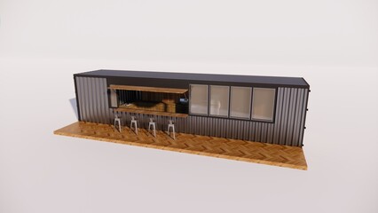 8k 3d rendering illustration  container 40ft  40 feet of kiosk, cafe, bar, food court, cafeteria, booth, restaurant  with industrial black metal color and white isolated background architecture