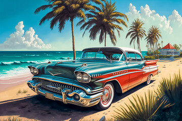 Illustration of Luxury vintage car at the beach, AI-Generated image.
