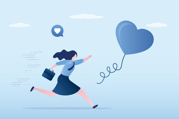 Young woman is looking for his love. Searching passionate job for happiness, ambition to find right career concept. Businesswoman chasing heart bubble ahead. Self motivation, chase dream.