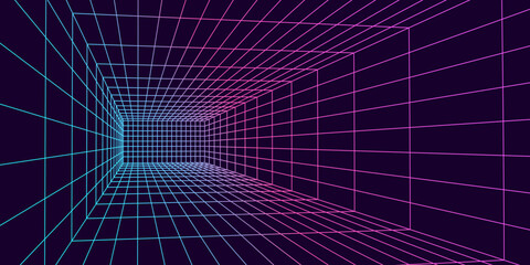 3D wireframe room colorful on dark background. Abstract perspective grid. Vector illustration.