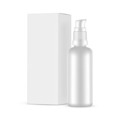 Lotion, Oil, Shampoo Packaging. Blank Plastic Bottle with Box Side View, Isolated on White Background. Vector Illustration