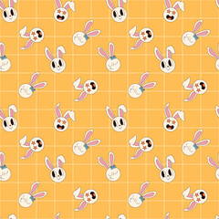 Groovy hippie Happy Easter seamless pattern. Easter backgrounds in trendy retro 60s 70s cartoon style.