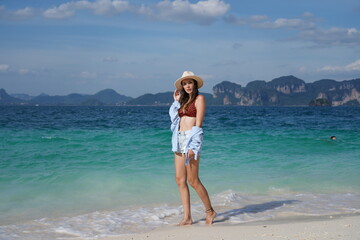 woman on the beach in krabi thailand, poda island, model shooting