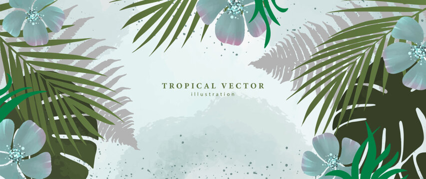 Beautiful vector tropical illustration with palm leaves, fern, monstera leaves, blue flowers for covers, backgrounds, cards, design