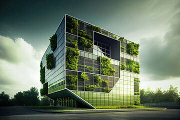 Exterior image of a new industrial modern building, eco friendly living concept house, urban garden. Green energy house/home. Real estate and ecology concept. Generative AI technology