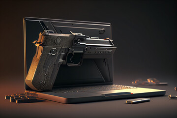 Illustration of gun and laptop. Cyber crime, hacker, ransomware, online murder and stealing concept. Images created with Generative AI technology