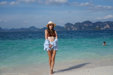 woman on the beach in krabi thailand, poda island, model shooting