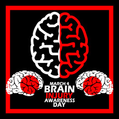 Injured brain icon and bold text in frame on black background to commemorate Brain Injury Awareness Day on March 4