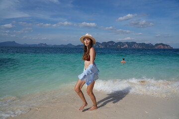 woman on the beach in krabi thailand, poda island, model shooting
