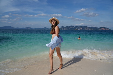 woman on the beach in krabi thailand, poda island, model shooting