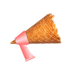 Ice cream cone, megaphone. Isolated on white background. Abstraction. Ads. Design element. Food.