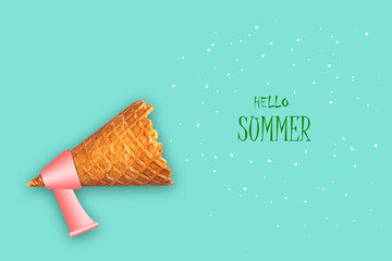 Ice cream cone, megaphone, and the words Hello summer. Pastel green background. The concept of the beginning of summer. Abstraction.