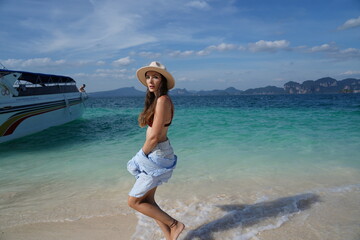 woman on the beach in krabi thailand, poda island, model shooting