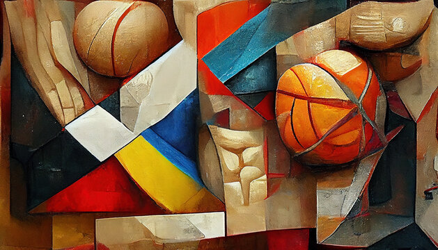 Stylized basketball. Painting in the style of cubism. Abstract painting. Oil painting imitation. AI-generated