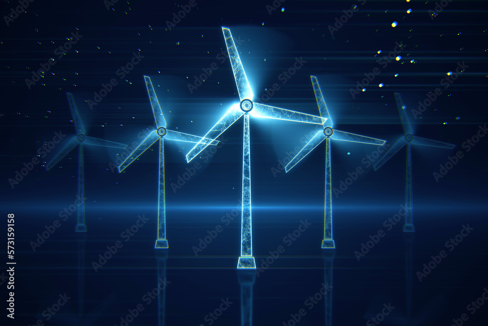 Poster Eco global planet solution and green energy concept with digital glowing windmills on abstract dark background with bright spots. 3D rendering