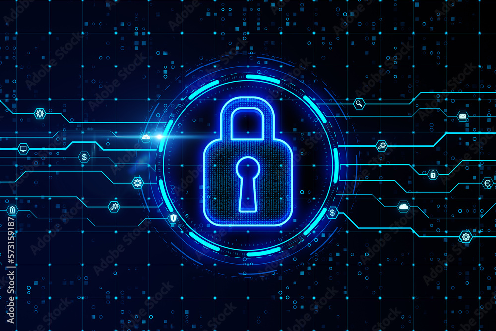 Poster Cyber security and personal privacy concept with digital blue glowing closed padlock in a circle on dark technological background with circuit scheme. 3D rendering