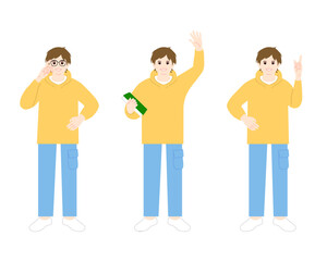 男子大学生　指さし　挨拶　眼鏡を直す