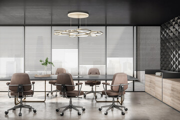 Meeting grey table surrounded by wheel chairs on concrete floor in spacious conference room with foggy city view background from panoramic window with blinds and wooden bureau. 3D rendering