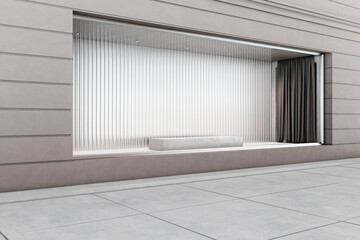 Front view on empty shop window with slatted wall background and blank stand behind glass wall with place for product presentation in modern building, outdoor advertising. 3D rendering, mock up