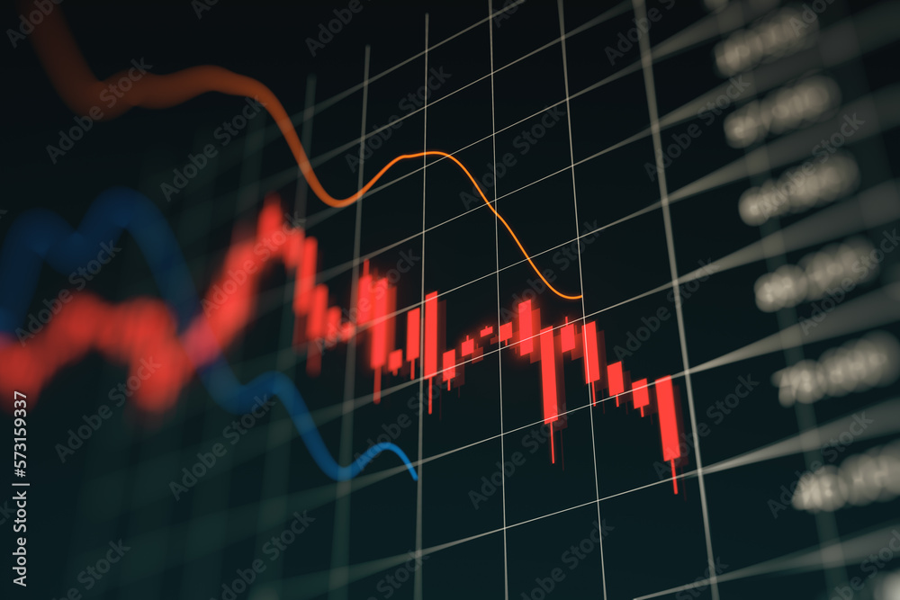 Poster Economy crisis and forex market crash concept with falling down red financial chart candlestick and diagrams on dark squared background with indicators. 3D rendering