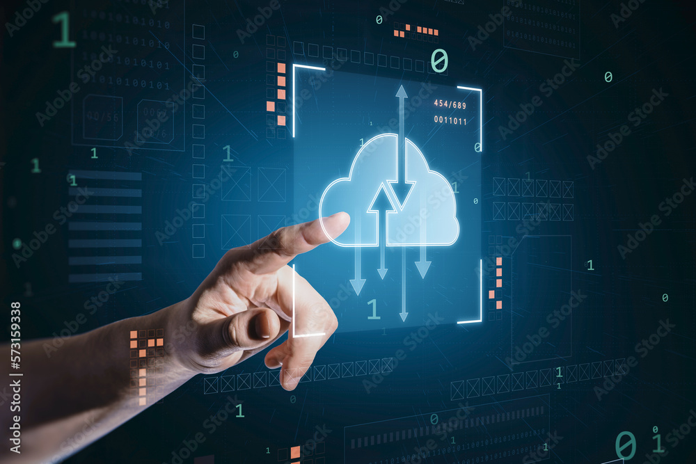 Poster Data transfer and cloud service concept with man finger on virtual touch screen with glowing digital cloud symbol and arrows in frame on dark technological background