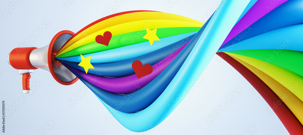 Poster creative loudspeaker with colorful sound wave on white wallpaper. voting, lgbt and fighting for your