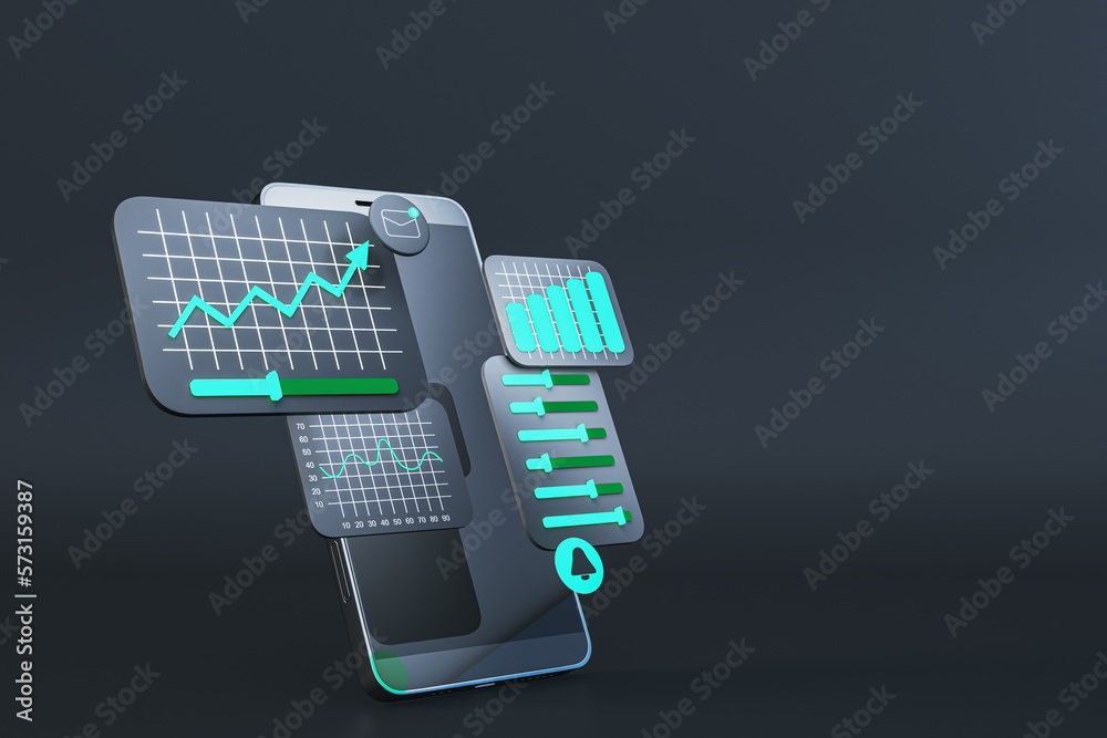Poster Smartphone with business charts on black backdrop. Data, software and web development concept. 3D Rendering.