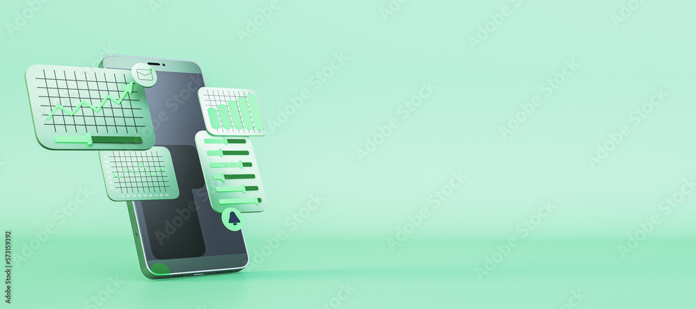 Poster Smartphone with business charts on green background with mock up place. Data, software and web development concept. 3D Rendering.