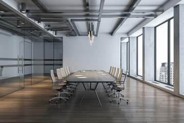 Side view on dark meeting table and wheel chairs under modern chandelier on top in spacious conference room with wooden floor, light grey wall background and city view form big windows. 3D rendering