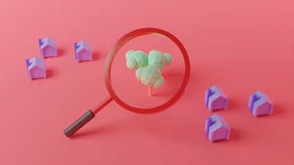 3d render of magnifying glass shining on natural tree and house model on pink background