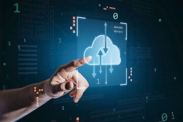 Data transfer and cloud service concept with man finger on virtual touch screen with glowing digital cloud symbol and arrows in frame on dark technological background