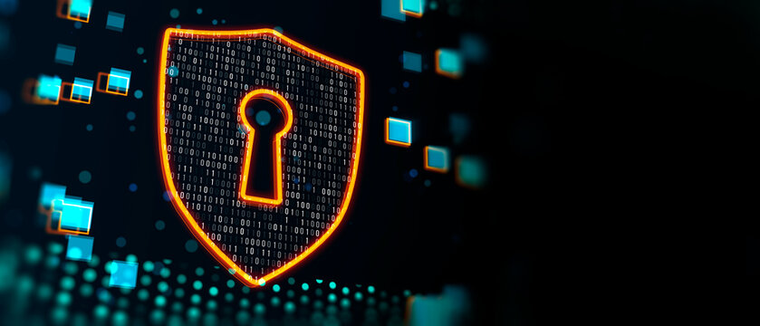 Security net and data protection concept with digital shield symbol with arrow inside covered by binary code on dark background with space for your advertising logo or poster. 3D rendering, mockup