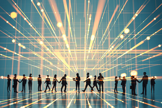 Business team, process and partnership concept with dark business people silhouettes on abstract digital background with bright glowing projection beams