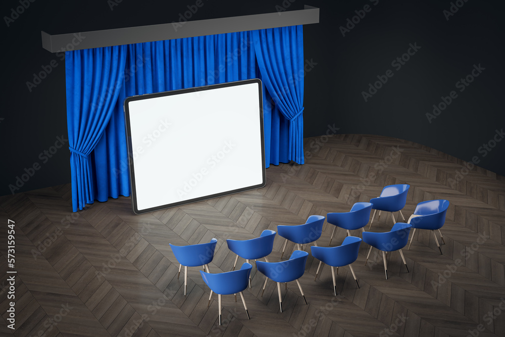 Aufkleber Online movie concept with top view on blank white digital tablet screen with place for your web site or picture in front of chairs on blue backstage curtain background. 3D rendering, mockup