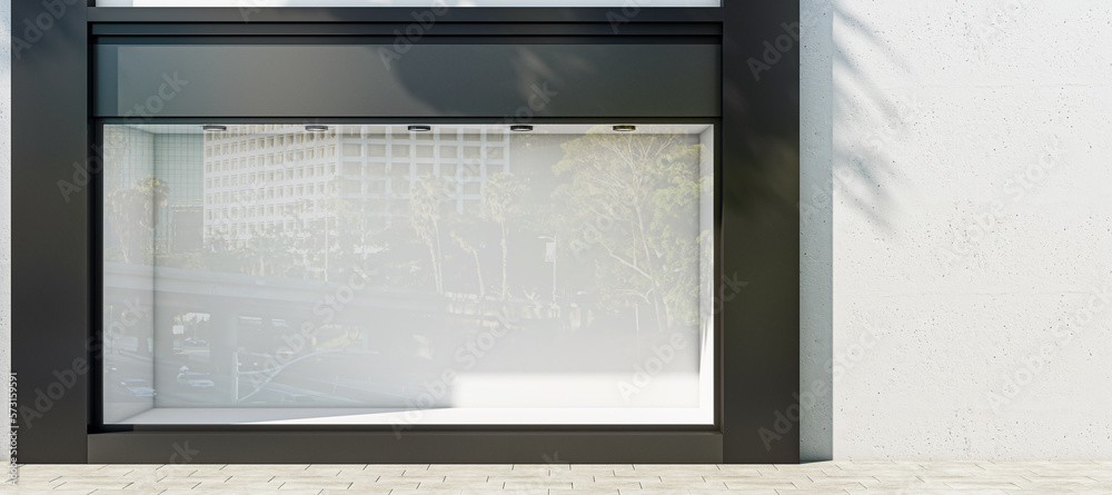 Poster front view on light sunlit wall background with place for your advertising poster near empty shop wi